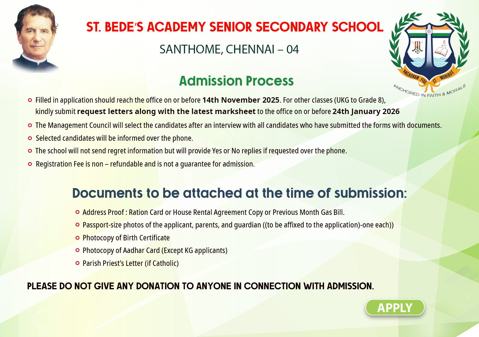 St Bedes Admission Popup
